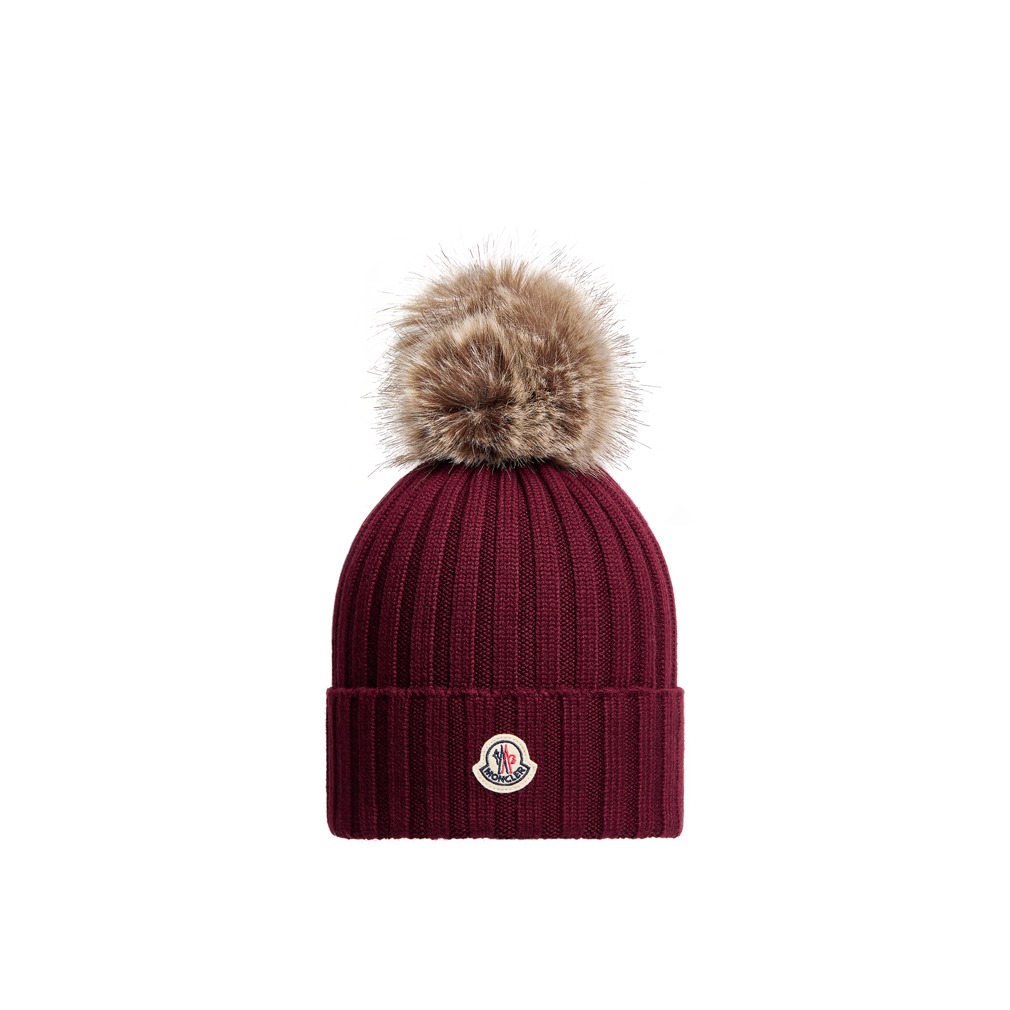 Moncler Maroon Logo Ribbed Texture Beanie Hat In Red