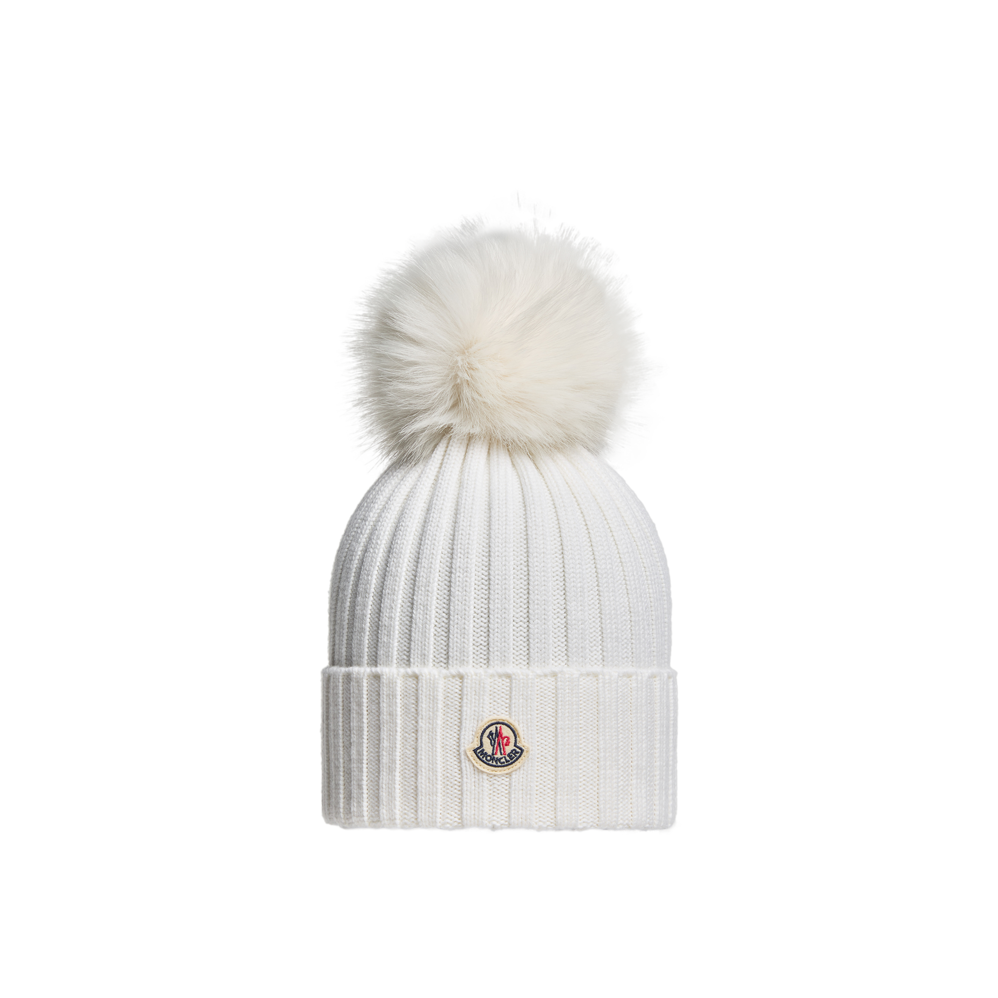 Moncler Wool Beanie With Faux Fur Pom Pom White