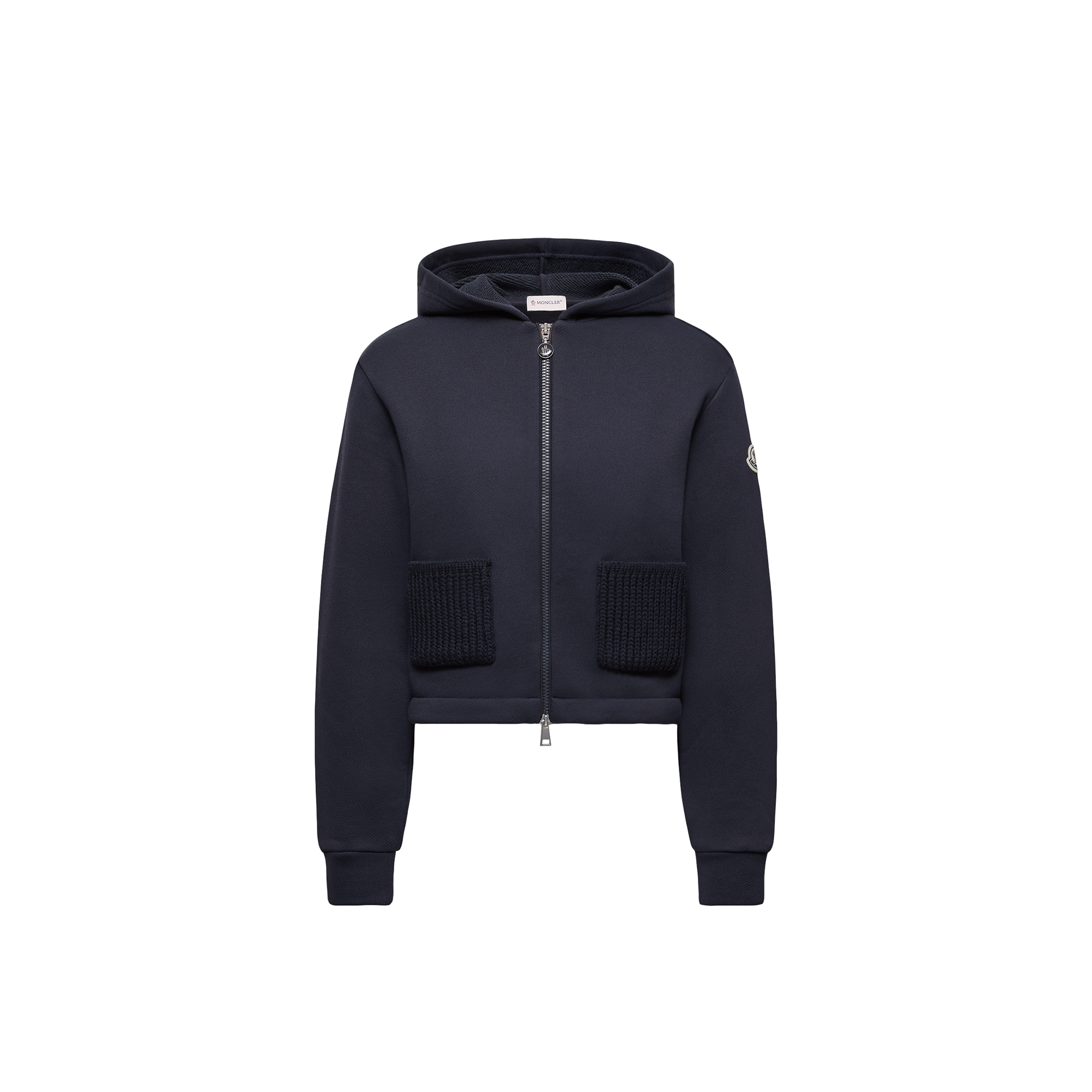 MONCLER COLLECTION Knit Accent Cotton Zip-Up Hoodie, Women, Blue, Size: L