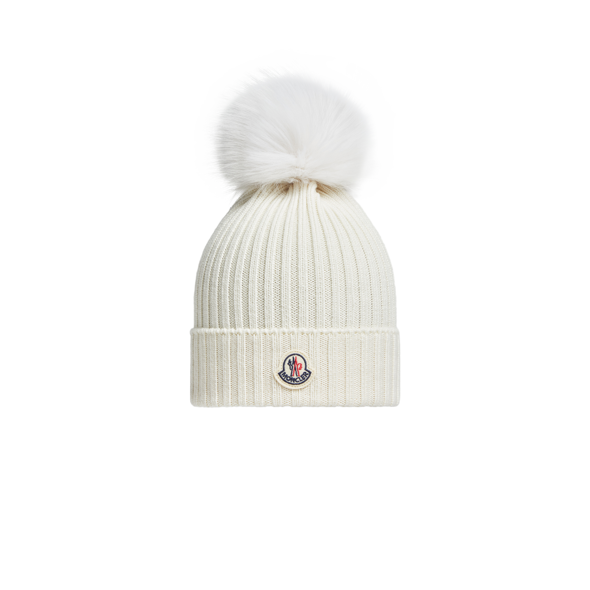 Moncler Wool Beanie With Faux Fur Pom Pom White In White