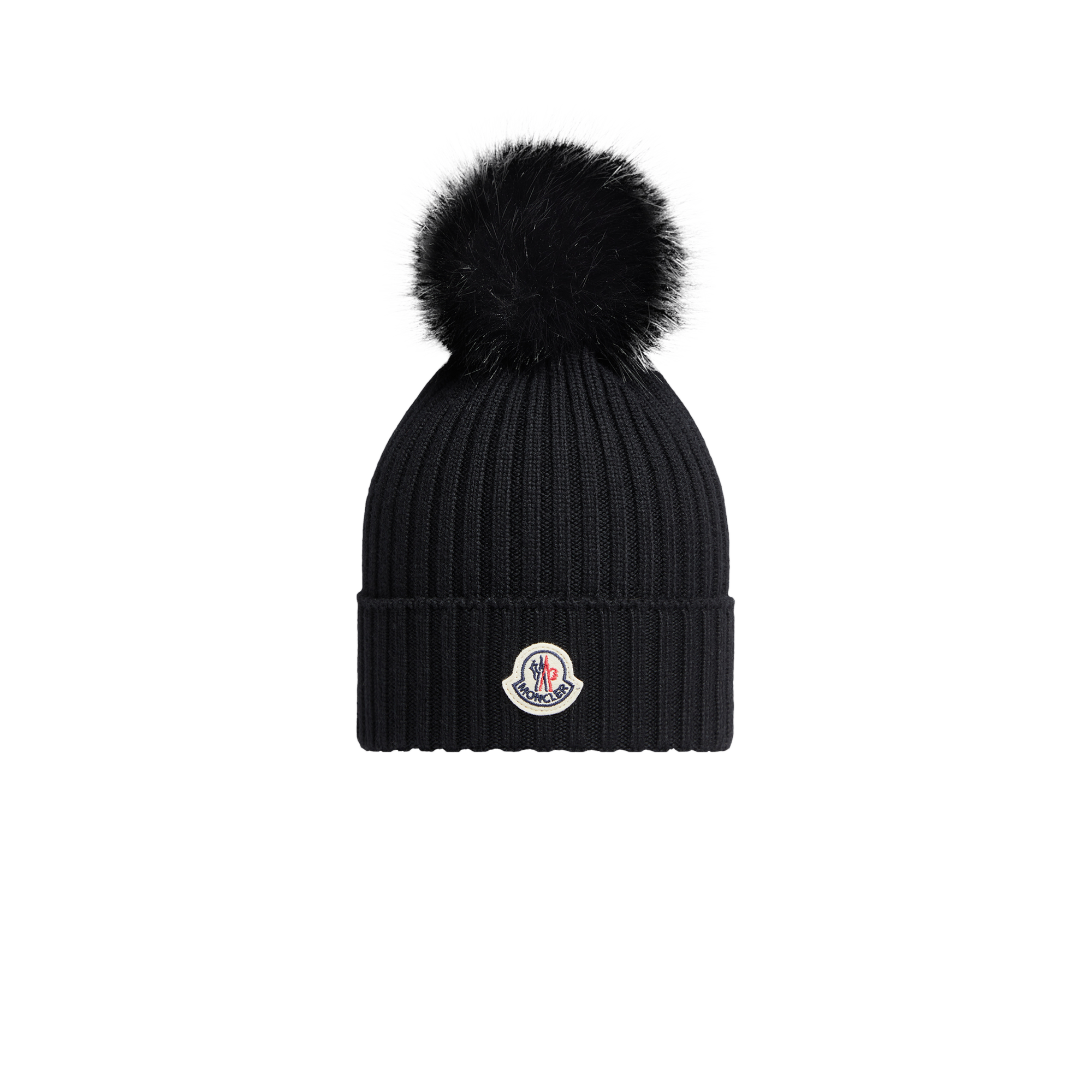 Moncler Wool Beanie With Faux Fur Pom Pom Black In Black